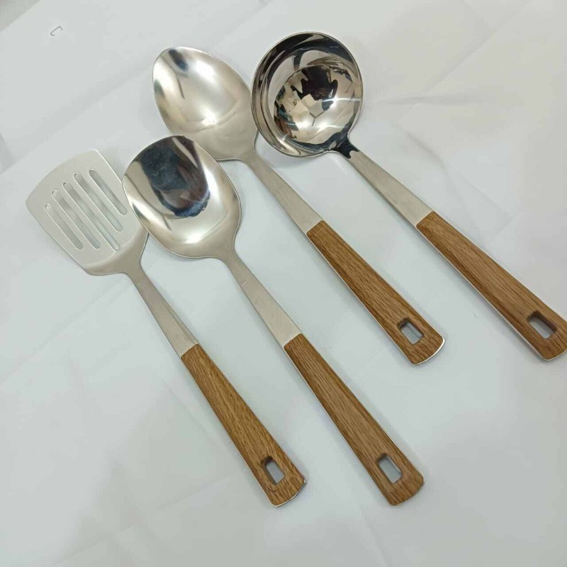 Picture of 4 pcs  stainless steel silver color Serving spoon set long rice spoon,Soup Spoon, Slotted Turner, slotted spoon 4 pcs cookware set-Silver
