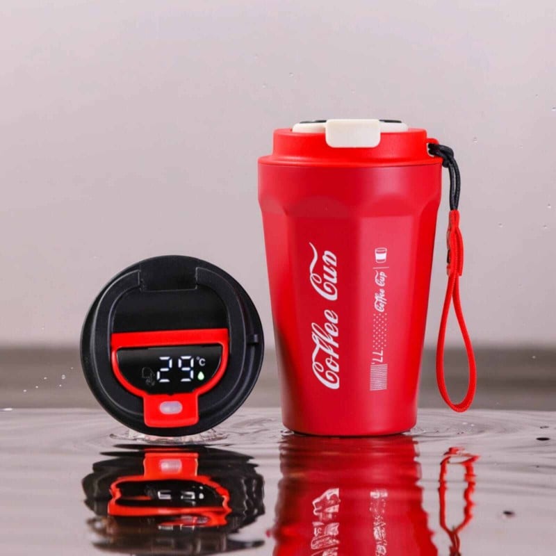 Picture of Red 400ml Insulated Vacuum Stainless Steel Coffee Cup Travel with Thermometer, 1 pcs Coffee Cup Travel-Red
