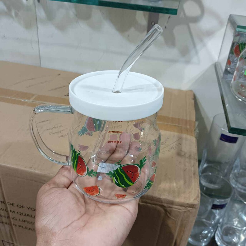 Picture of 1 pcs Glass Juice Sipper Mug with Plastic Lid & Glass Straw-Multicolor