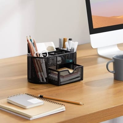 Picture of Black Metal Mesh Desk Organizer Pen Stand with Drawe-Black
