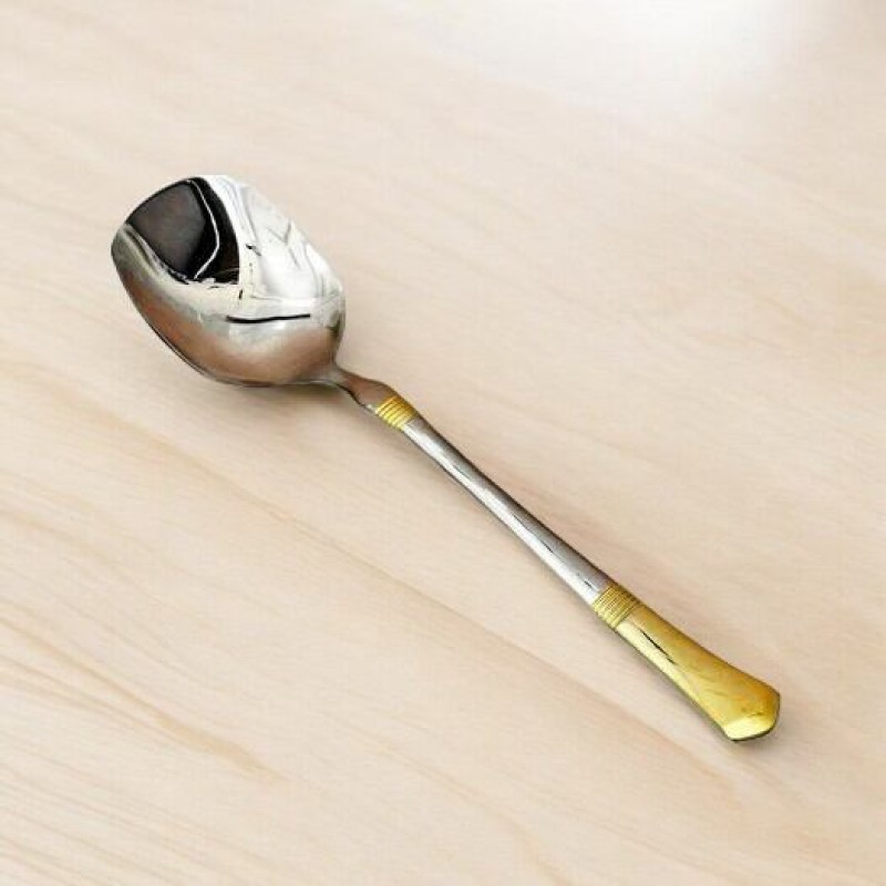 Picture of 10.3 Inch Stainless Steel Curry Spoon - Silver with Mirror Polish and Golden Handle, Perfect for Cooking-Silver