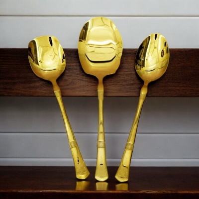 Picture of 3-Piece Set: 12 Inch Stainless Steel Spoons - Mirror Polish, Non-Magnetic, Golden Design, Includes Big Rice Spoon, Curry Serving Spoon, and Flat Turner Spoon, Ideal for Cooking and Serving-Gold