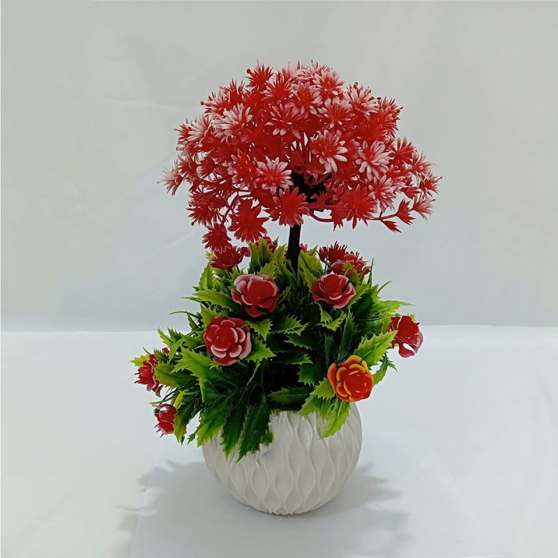 Picture of 2 layer Flower Bonsai Artificial Grass Plants with Pot for Home Decor Decorative Office Indoor Decor Red-White-Red