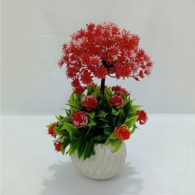 Picture of 2 layer Flower Bonsai Artificial Grass Plants with Pot for Home Decor Decorative Office Indoor Decor Red-White-Red