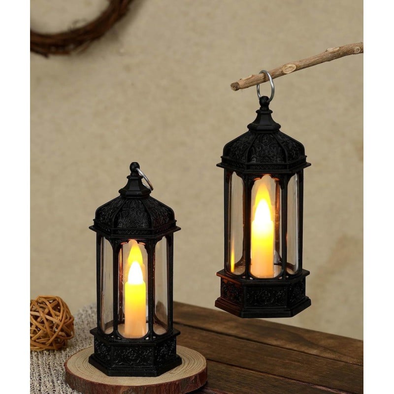 Picture of 1 Pcs Acrylic Antique LED Hurricane Lantern Lamp, Wall Hanging Led String Light Holder for Wall Home, Drawing, Living Room, Bedroom, Restaurant, Wall Decor for Christmas-Black