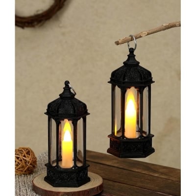 Picture of 1 Pcs Acrylic Antique LED Hurricane Lantern Lamp, Wall Hanging Led String Light Holder for Wall Home, Drawing, Living Room, Bedroom, Restaurant, Wall Decor for Christmas-Black