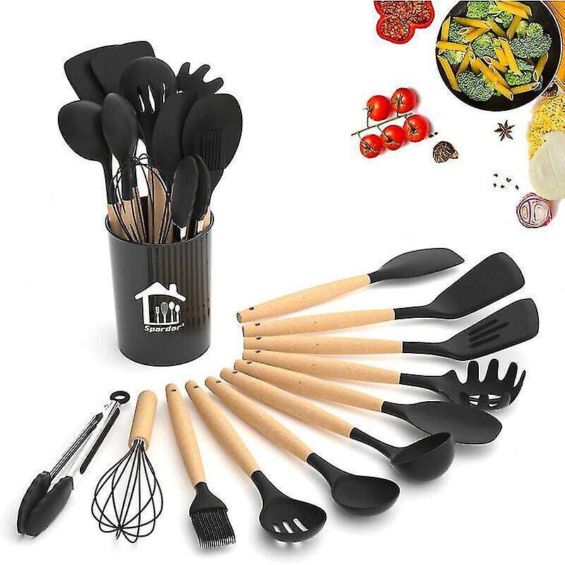 Picture of Kitchen Utensil Set 12 Piece Kitchen Utensil Set Nonstick Silicone & Wooden Utensils, Bpafree, Nontoxic Spatula, Tongs, Spatula, Spoon Set-Black