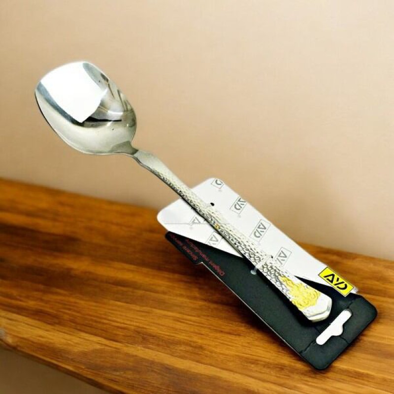 Picture of 10 Inch Stainless Steel Curry Spoon - Silver with Mirror Polish and Elegant Golden Handle, Ideal for Serving-Silver