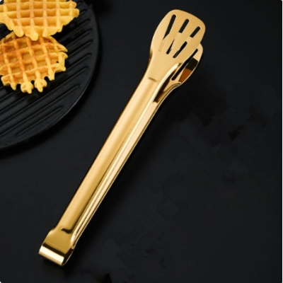 Picture of Stainless Steel Shell Hollow Food Tongs Non-Stick Barbecue Steak Clip Long Handle Buffet Tweezers Utensils for Home Kitchen golden color-Gold