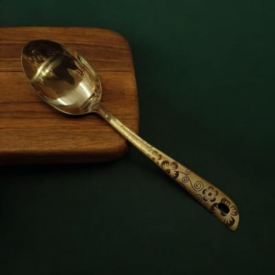 Picture of Elegant Golden Stainless Steel 10 Inch Serving Spoon, Mirror Polish Finish. Ideal for Cooking and Serving, with a Laser-Printed Handle for Enhanced Grip.-Gold