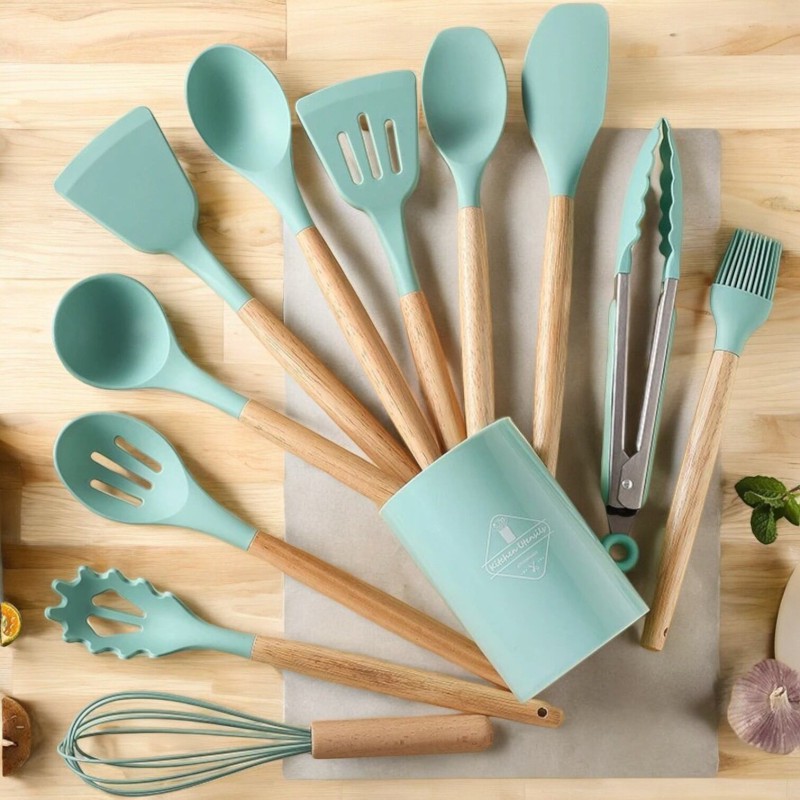 Picture of "Multicolor Silicone Kitchen Utensils Set, 12-Piece – Wooden Handles – Non-Stick Spatula, Shovel, Spoon – Ideal for Cooking and Serving – With Storage Bucket and PP Handle"-Blue