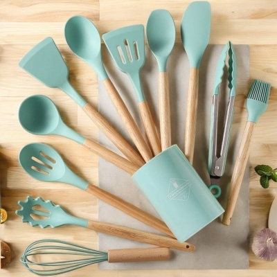 Picture of "Multicolor Silicone Kitchen Utensils Set, 12-Piece – Wooden Handles – Non-Stick Spatula, Shovel, Spoon – Ideal for Cooking and Serving – With Storage Bucket and PP Handle"-Blue