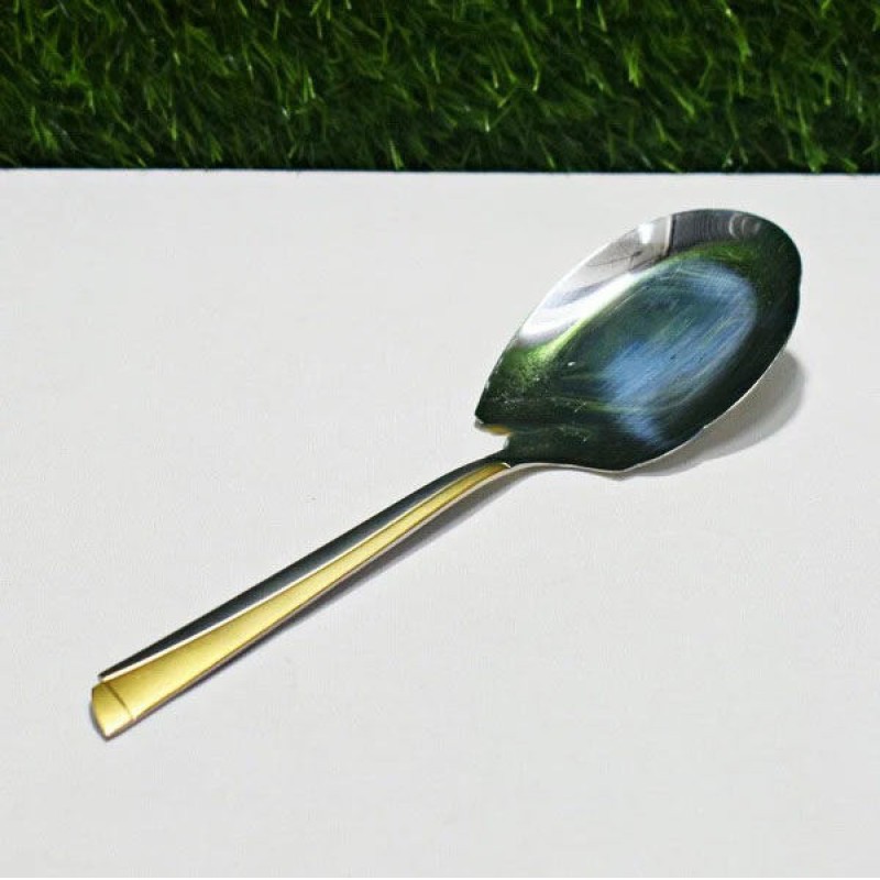 Picture of 11 Inch Silver Rice Serving Spoon - Stainless Steel with Mirror Polish and Elegant Golden Handle, Non-Magnetic Design for Easy Use-Silver