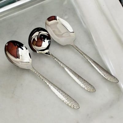 Picture of 3-Piece Stainless Steel Spoon Set - Includes Big Rice Spoon, Big Soup Spoon, and Rice Spoon, Mirror Polish, Non-Magnetic, Silver with Golden Design, Ideal for Cooking and Serving, Durable and Stylish-Silver