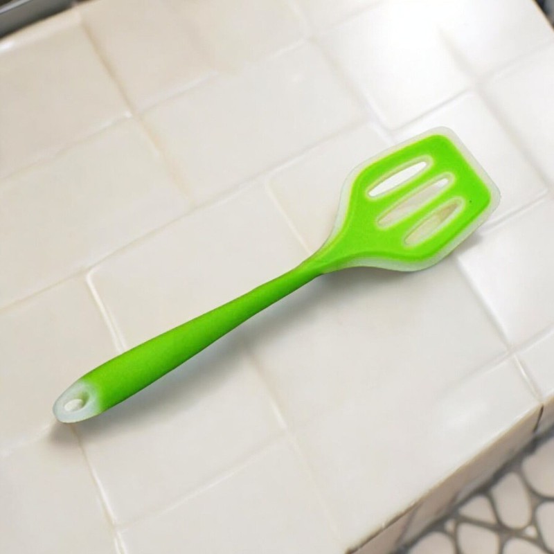 Picture of 12-Inch Silicone Cooking Spoon - Non-Stick Slotted Turner with Full Silicone Construction, High Heat Resistant, Multicolor - Ideal for Non-Stick Pots - 1 Piece-Green