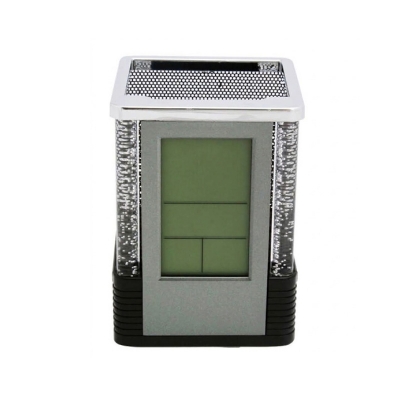 Picture of Square Gift Centre Pen Holder with Digital LCD Clock & Color-Changing LED Lights - Multifunctional Desk Organizer with Timer & Temperature Display, Durable Plastic, Black/Silver, Battery Powered, Ideal for Office/Student Desks, 1 Piece-Black