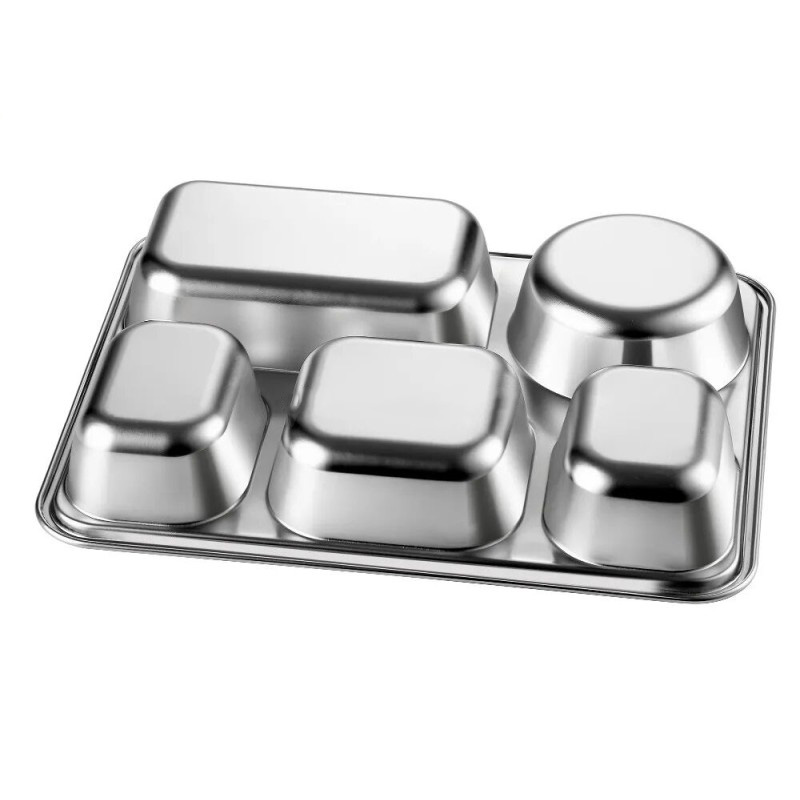 Picture of 1 pcs stainless steel rectangular shape dinner plate sub-grid children's dinner plate home separated lunch box without lid-Silver