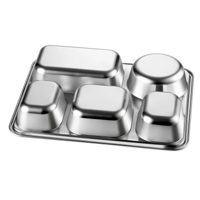 Picture of 1 pcs stainless steel rectangular shape dinner plate sub-grid children's dinner plate home separated lunch box without lid-Silver