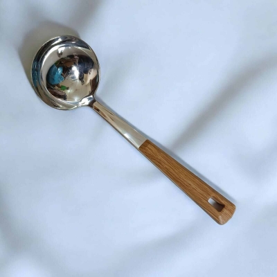 Picture of Silver 9-Inch Stainless Steel Big Soup Spoon – Wooden Color Plastic Cover Handle – Ideal for Cooking & Serving – Mirror Polish, Non-Magnetic – 1 Piece-Silver