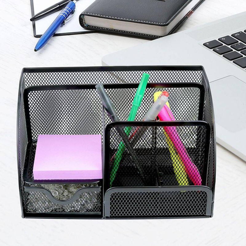 Picture of 7 Compartment Metal Mesh Desk Organizer with Drawer-Black