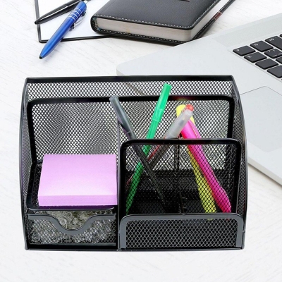 Picture of 7 Compartment Metal Mesh Desk Organizer with Drawer-Black