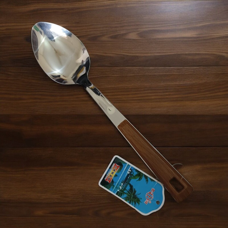 Picture of Silver 10-Inch Stainless Steel Long Rice Spoon – Wooden Color Plastic Cover Handle – Cooking & Serving – Mirror Polish, Non-Magnetic – 1 Piece-Silver