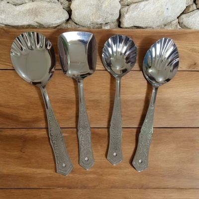 Picture of Rosy Kitchen Spoon Set: Stainless Steel, 10 Inch, Includes Solid Turner, Big Soup, Serving, and Rice Spoons. Silver with Mirror Polish, Matches Design in Picture. Perfect for Versatile Cooking and Serving Needs.-Silver