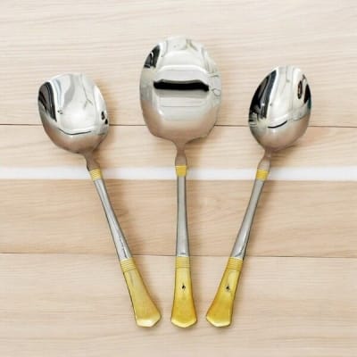 Picture of 3-Piece Set: 12 Inch Stainless Steel Spoons - Mirror Polish, Non-Magnetic, Silver with Golden Design, Includes Big Rice Spoon, Curry Serving Spoon, and Flat Turner Spoon, Durable with Laser Print Detailing, Ideal for Cooking and Serving-Silver