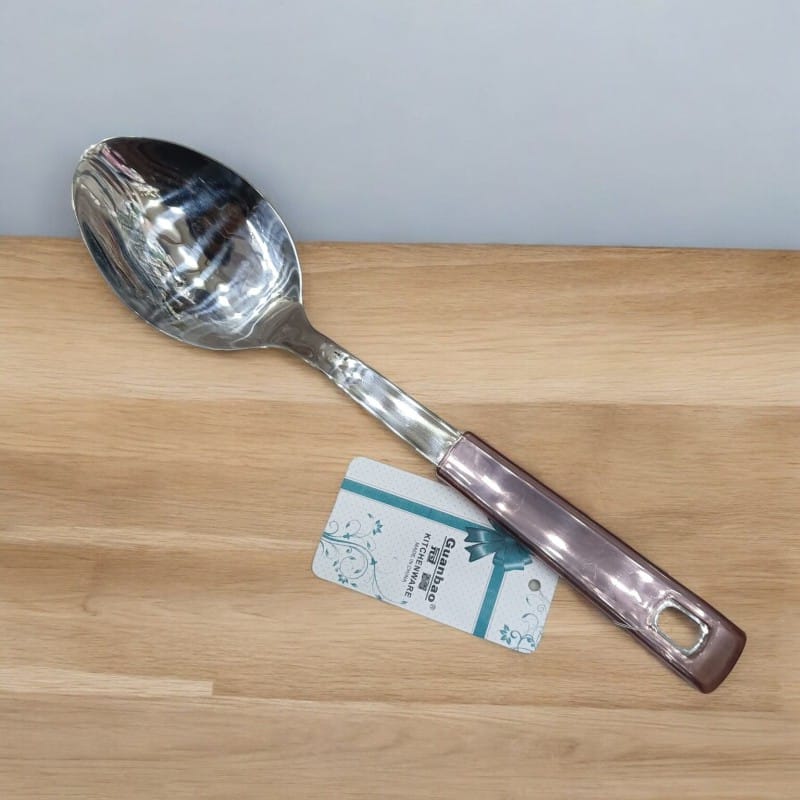 Picture of Stainless Steel Long Rice Spoon, 10-Inch – Mirror Polish, Non-Magnetic, Silver, with Multiple Color Plastic Handle. Perfect for Cooking & Serving.-Silver