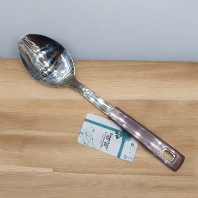 Picture of Stainless Steel Long Rice Spoon, 10-Inch – Mirror Polish, Non-Magnetic, Silver, with Multiple Color Plastic Handle. Perfect for Cooking & Serving.-Silver