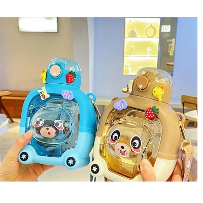 Picture of 1L Kids Outdoor Sport Water Bottle with Straw Time Marker BPA Free Drinking Kettle Cartoon Double Mouthed Plastic Drink Bottle-Green