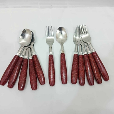 Picture of 12 pcs colorful handle stainless steel Tea and Fork spoon set 15 cm long 6 pcs tea and 6 pcs fork spoon-Red