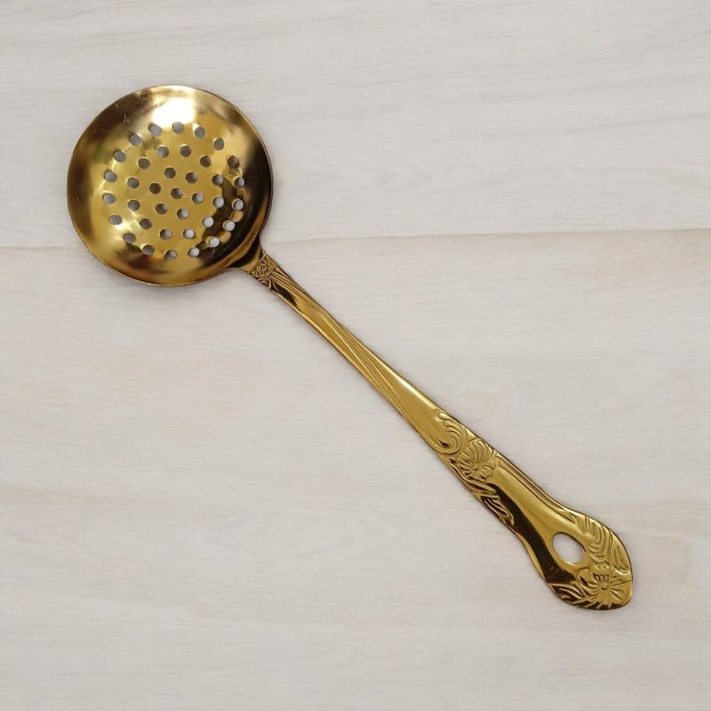 Picture of Golden Round Slotted Kitchen Spoon, 10 Inch Stainless Steel - Ideal for Cooking and Serving - Mirror Polish Finish, Stylish and Durable-Gold