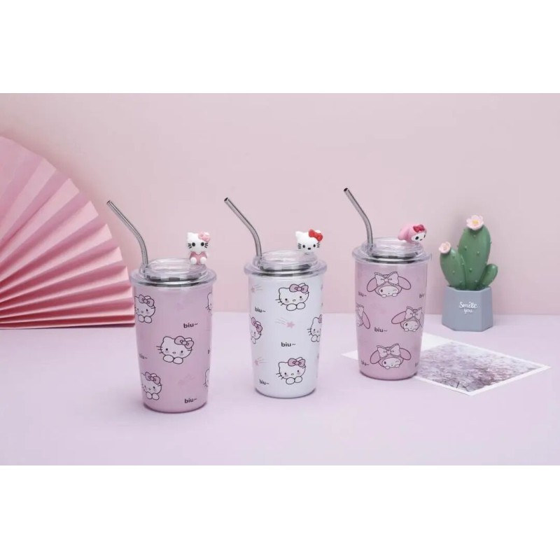 Picture of Sanrio Kawaii Sippy Cup Anime Figure Hello Kitty Good Looking Doll 450Ml Straight Drink Insulation Cooler Car Girls Cup with stainless steel straw-Purple