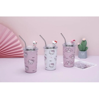 Picture of Sanrio Kawaii Sippy Cup Anime Figure Hello Kitty Good Looking Doll 450Ml Straight Drink Insulation Cooler Car Girls Cup with stainless steel straw-Purple