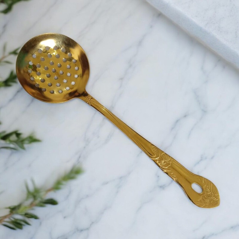 Picture of Golden Round Slotted Kitchen Spoon, 10 Inch Stainless Steel. Mirror Polish Finish, Ideal for Cooking and Serving.-Gold