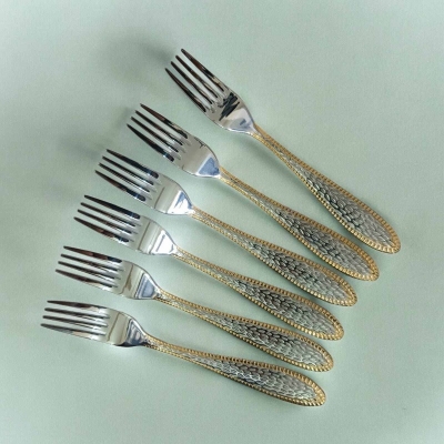 Picture of 6pcs stainless steel fork spoon mirror polish spoon nonmagnet tea spoon for best option desirt 12cm long golden design print(6pcs set)-Silver