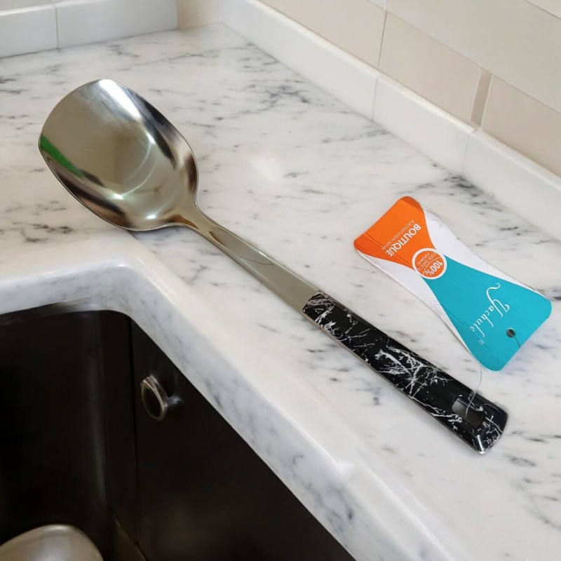 Picture of 10 Inch Stainless Steel Solid Turner Spoon, Silver, Non-Magnetic. Elegant Marble Stone Black Color Cover Plastic Handle. Ideal for Cooking and Serving, Effortless Handling in Any Kitchen Setting.-Silver