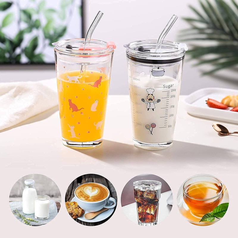 Picture of 1 pcs 350ml Clear Drinking Glass Cup with Straw for Children or Adults Glass Cup with Lid-Multicolor