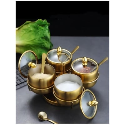 Picture of 4 Pcs Stainless Steel Spice Jar with Revolving Stand silver color-Silver