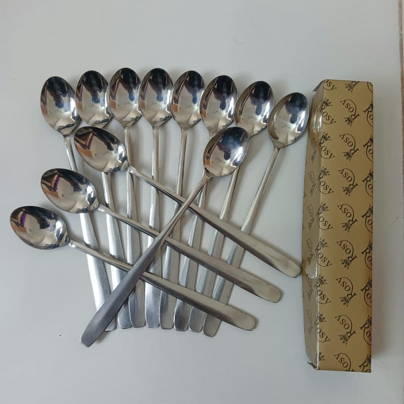 Picture of Rosy Long Handle pickling spoon 12 Pieces Stainless Steel Teaspoon Coffee Dessert Mixing Spoon Round Soup Spoon 8 inches-Silver