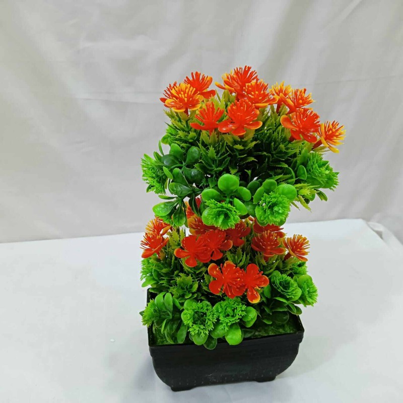 Picture of Artificial Bonsai Tree: 2 Heads, Multiple Color Flowers, Plastic Vases for Office Table Decoration, Gram Beauty Flower Included-Multicolor