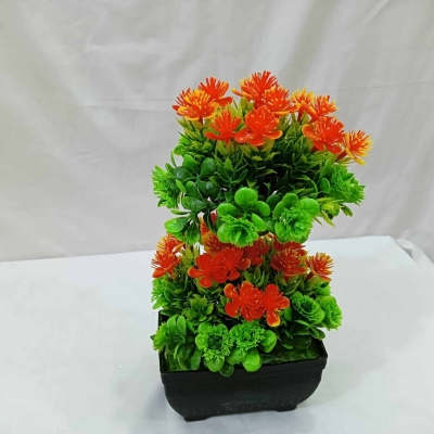 Picture of Artificial Bonsai Tree: 2 Heads, Multiple Color Flowers, Plastic Vases for Office Table Decoration, Gram Beauty Flower Included-Multicolor