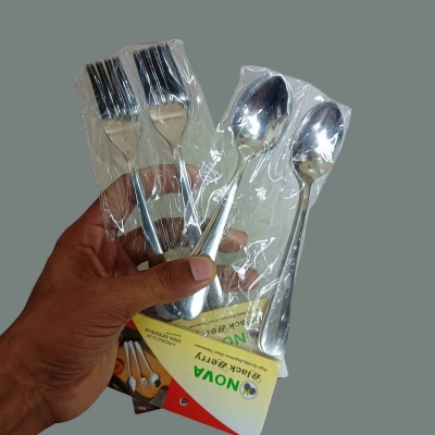 Picture of Nova-12pcs stainless steel spoon set 6 pcs Tea spoon and 6 pcs fork spoon combo pake 12 silver color mirror polish spoon 15cm long heavy spoon dishware save easy to clean (12pcs set)-Silver