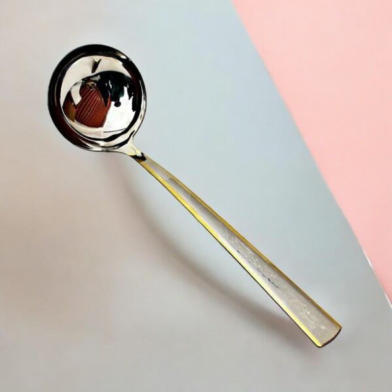 Picture of 10.7 Inch Big Rice Spoon - Mirror Polish, Non-Magnetic, Stainless Steel, Silver with Golden Design, Ideal for Cooking and Serving, Durable and Elegant, Perfect for Home and Professional Kitchens, Single Piece-Silver