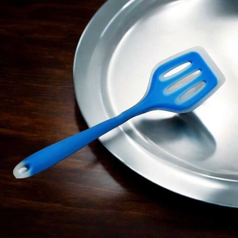 Picture of 12-Inch Multicolor Silicone Cooking Spoon - Non-Stick Slotted Turner Spatula, Full Silicone Build, High Heat Resistant - Perfect for Non-Stick Pots - 1 Piece-Blue