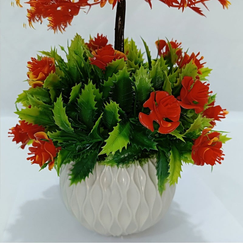 Picture of 2 layer Flower Bonsai Artificial Grass Plants with Pot for Home Decor Decorative Office Indoor Decor Red-Yellow-Yellow