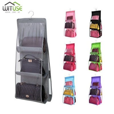 Picture of 6 Pocket Foldable Hanging Bag 3 Layers Folding Shelf Bag Purse Handbag Organizer Door Sundry Pocket Hanger Storage Closet Hanger-Multicolor