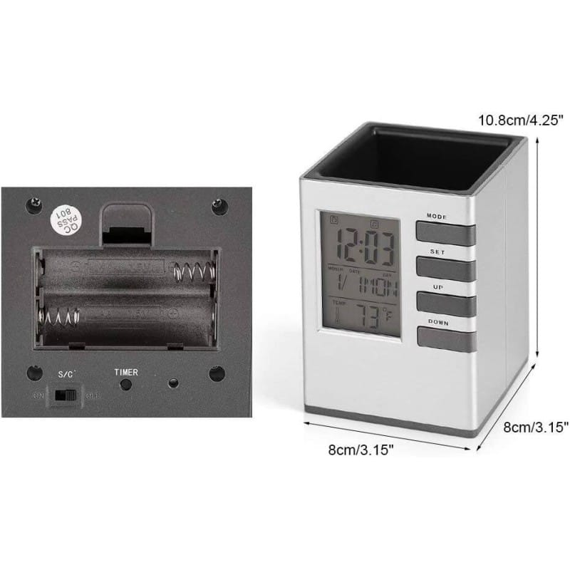 Picture of Multifunctional Digital Desk Pen Holder Pen Holder Desk Organiser LED Alarm Clock Thermometer Calendar Display-Silver