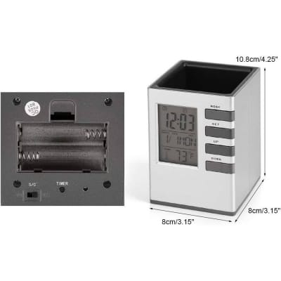 Picture of Multifunctional Digital Desk Pen Holder Pen Holder Desk Organiser LED Alarm Clock Thermometer Calendar Display-Silver